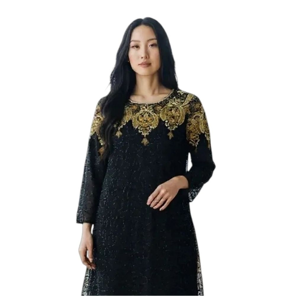 VTG Carolyne Barton Night pure silk Black Gold beaded 3/4 sleeve dress size M